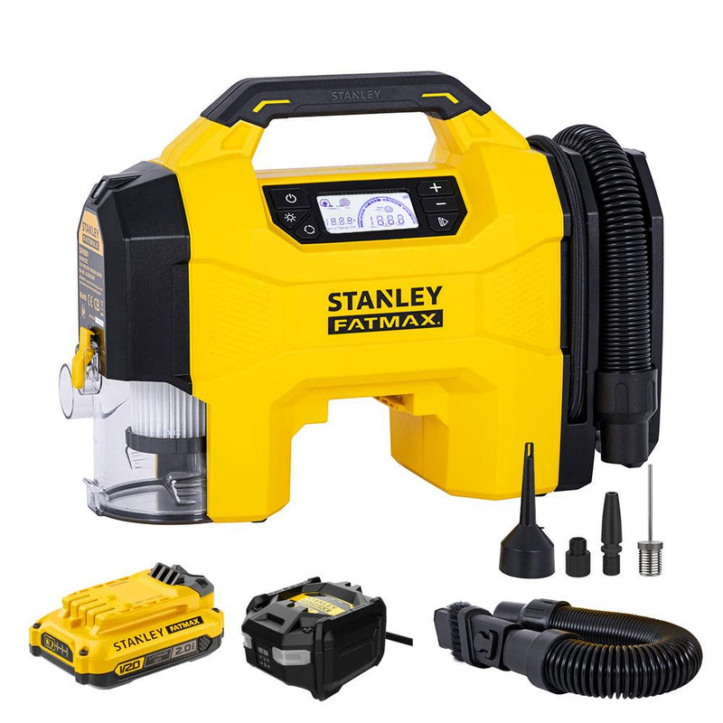 STANLEY SXVI02001A 12V/18V 2Ah Li-ion təkrar doldurulan 160 PSI Rəqəmsal displey Təkər və döşək şişirici nasos + Avtomobil tozsoranı 