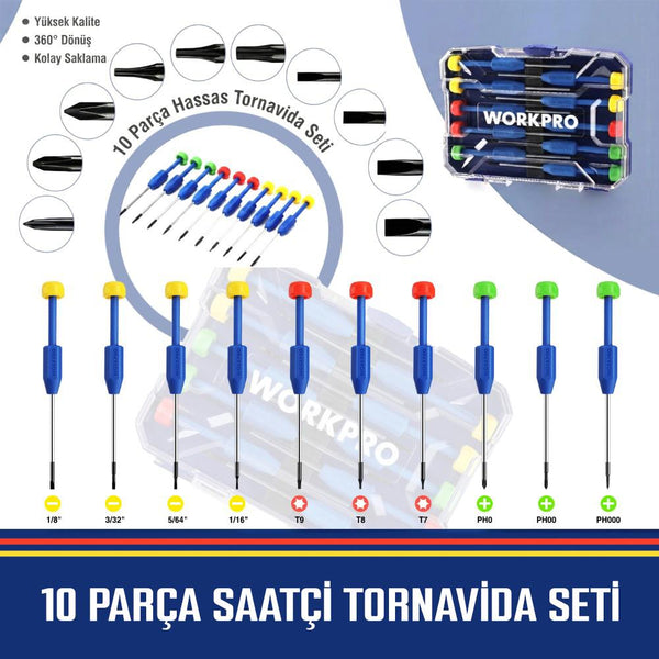 WORKPRO WP200530 CR - V 10 Parça Profesyonel Manyetik Hassas Tornavida Seti - Onivias