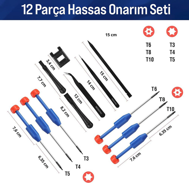 WORKPRO WP200531 12 Parça CR-V Elektronikçi Hassas Profesyonel Onarım Seti
