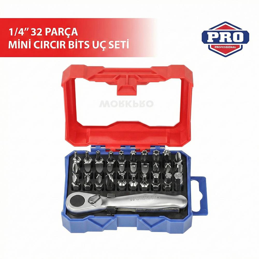WORKPRO WP200534 32 Parça 1/4'’ Profesyonel Mini Cırcır Lokma Kollu Bits Vidalama Seti - Onivias