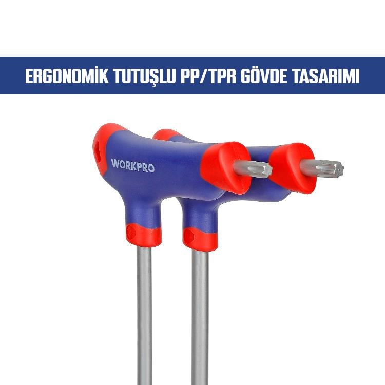 WORKPRO WP200543 8 Parça CR - V T Tipi Uzun Delikli Torx Profesyonel Allen Anahtar Takımı - Onivias