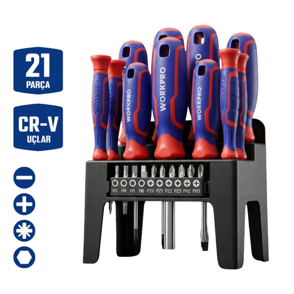 WORKPRO WP200551 21 Parça CR - V Duvar Askı Aparatlı Profesyonel Manyetik Tornavida Seti - Onivias