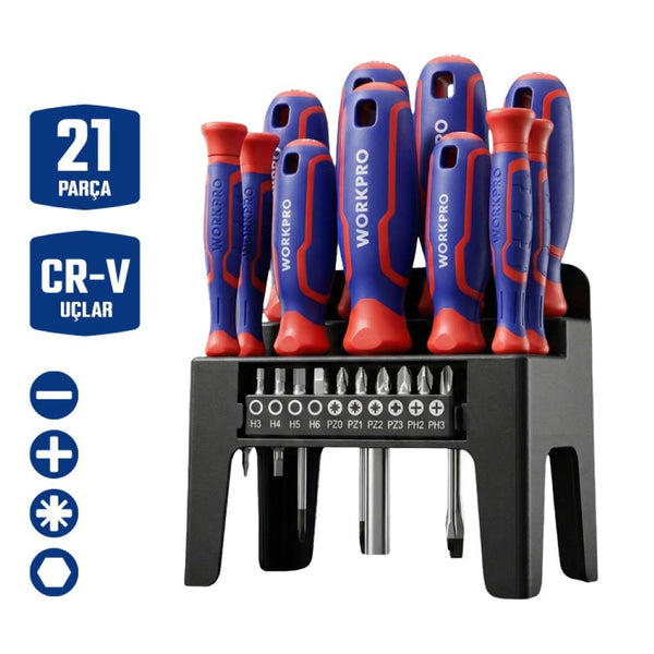 WORKPRO WP200551 21 Parça CR - V Duvar Askı Aparatlı Profesyonel Manyetik Tornavida Seti - Onivias
