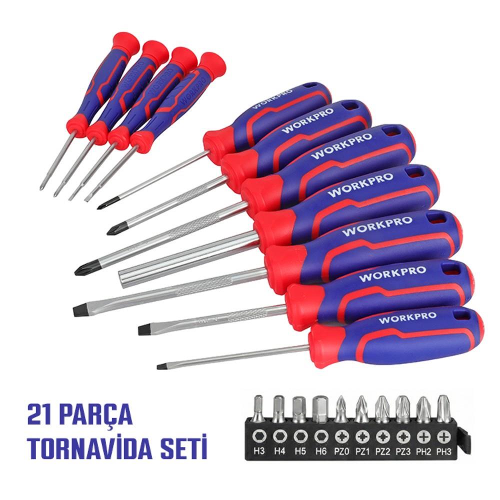 WORKPRO WP200551 21 Parça CR - V Duvar Askı Aparatlı Profesyonel Manyetik Tornavida Seti - Onivias