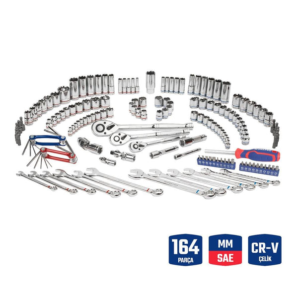 WORKPRO WP202530 1/4'’ 3/8’’ 1/2'’ Metrik/İnç 164 Parça Cr - V Ağır Hizmet Lokma ve Kombine Anahtar Takımı - Onivias