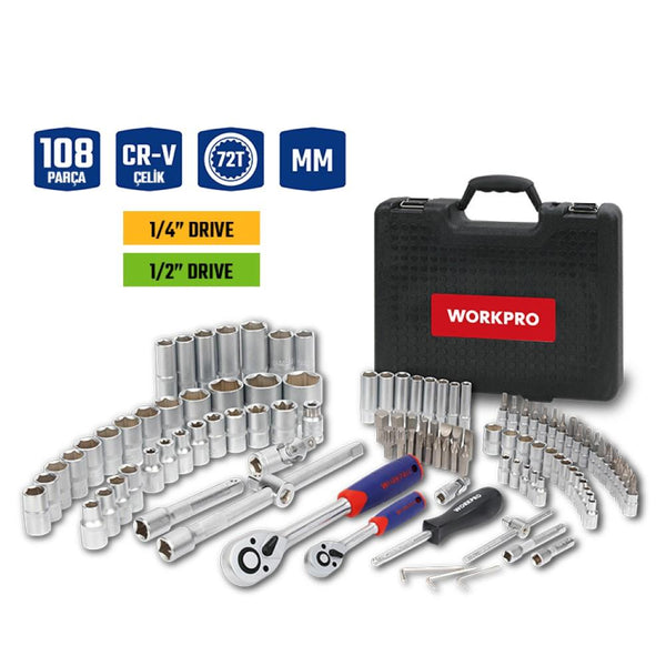 WORKPRO WP202535 1/4'’ 1/2'’ 108 Parça Cr - V Metrik Profesyonel Lokma Takımı - Onivias