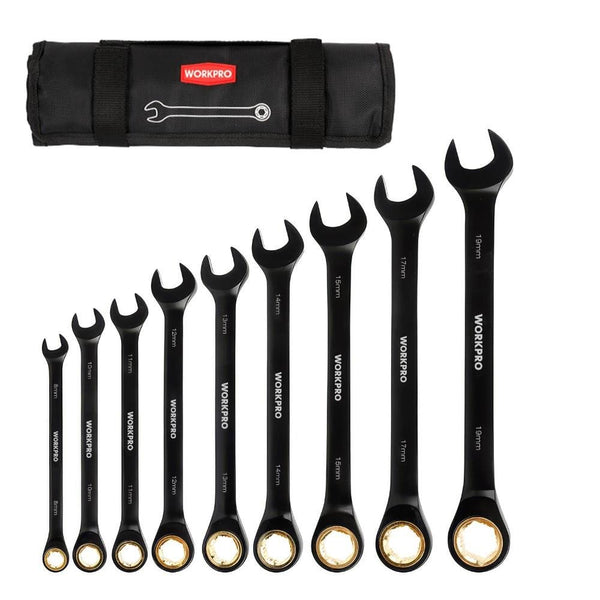 WORKPRO WP202602 8 - 19mm 9 Parça CR - V Profesyonel Cırcır Kombine Anahtar Takımı + Bez Taşıma Kılıfı - Onivias