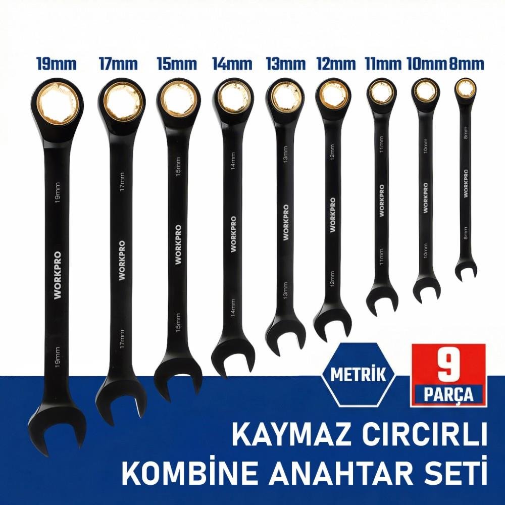 WORKPRO WP202602 8 - 19mm 9 Parça CR - V Profesyonel Cırcır Kombine Anahtar Takımı + Bez Taşıma Kılıfı - Onivias