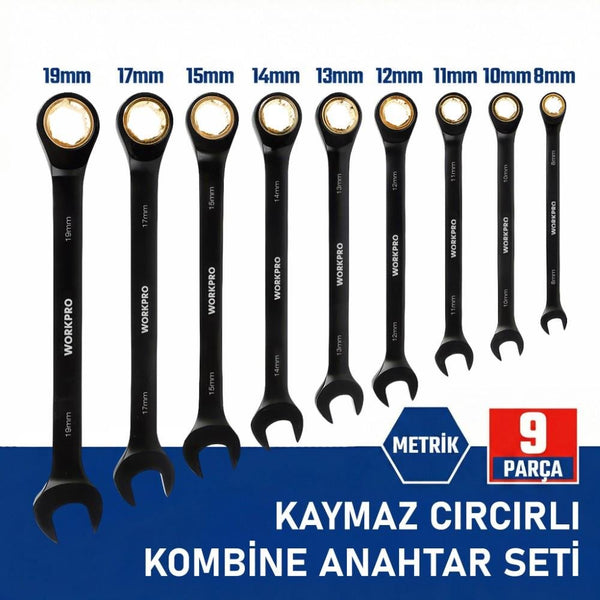 WORKPRO WP202602 8 - 19mm 9 Parça CR - V Profesyonel Cırcır Kombine Anahtar Takımı + Bez Taşıma Kılıfı - Onivias