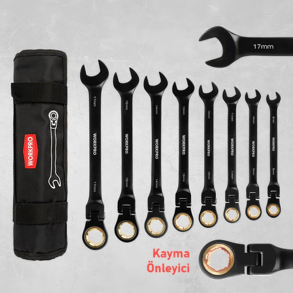 WORKPRO WP202603 8 - 17mm 8 Parça CR - V Profesyonel Mafsallı Cırcır Kombine Anahtar Takımı + Bez Taşıma Kılıfı - Onivias