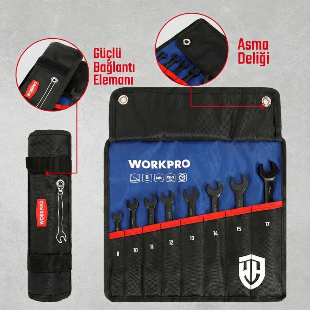 WORKPRO WP202603 8 - 17mm 8 Parça CR - V Profesyonel Mafsallı Cırcır Kombine Anahtar Takımı + Bez Taşıma Kılıfı - Onivias