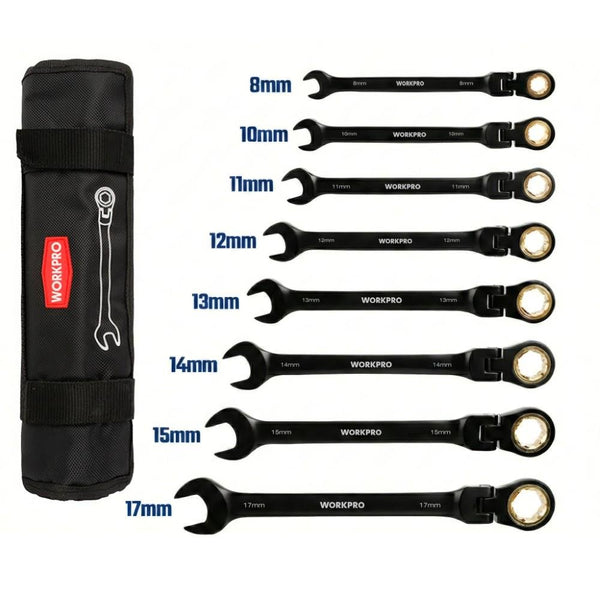 WORKPRO WP202603 8 - 17mm 8 Parça CR - V Profesyonel Mafsallı Cırcır Kombine Anahtar Takımı + Bez Taşıma Kılıfı - Onivias