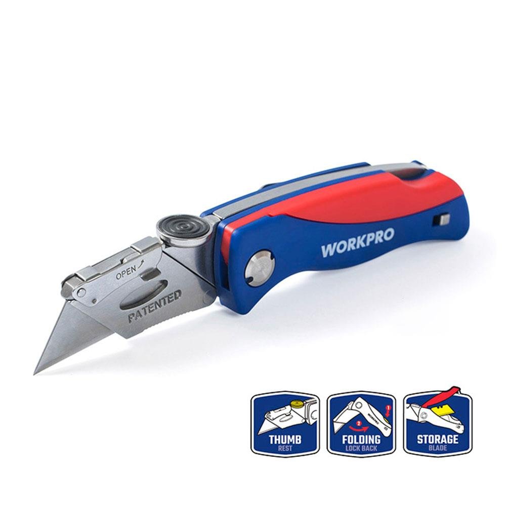 WORKPRO WP211006 Ağır Hizmet Paslanmaz Çelik Gövde Katlanır Rötuş Maket Bıçağı + 6 Adet Yedek Bıçak - Onivias