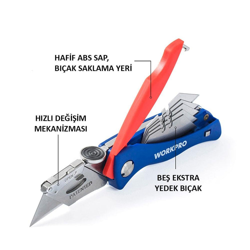 WORKPRO WP211006 Ağır Dayanıqlı Paslanmayan Polad Korpus Qatlanan Toxunma Bıçağı + 6 Ehtiyat Bıçaq