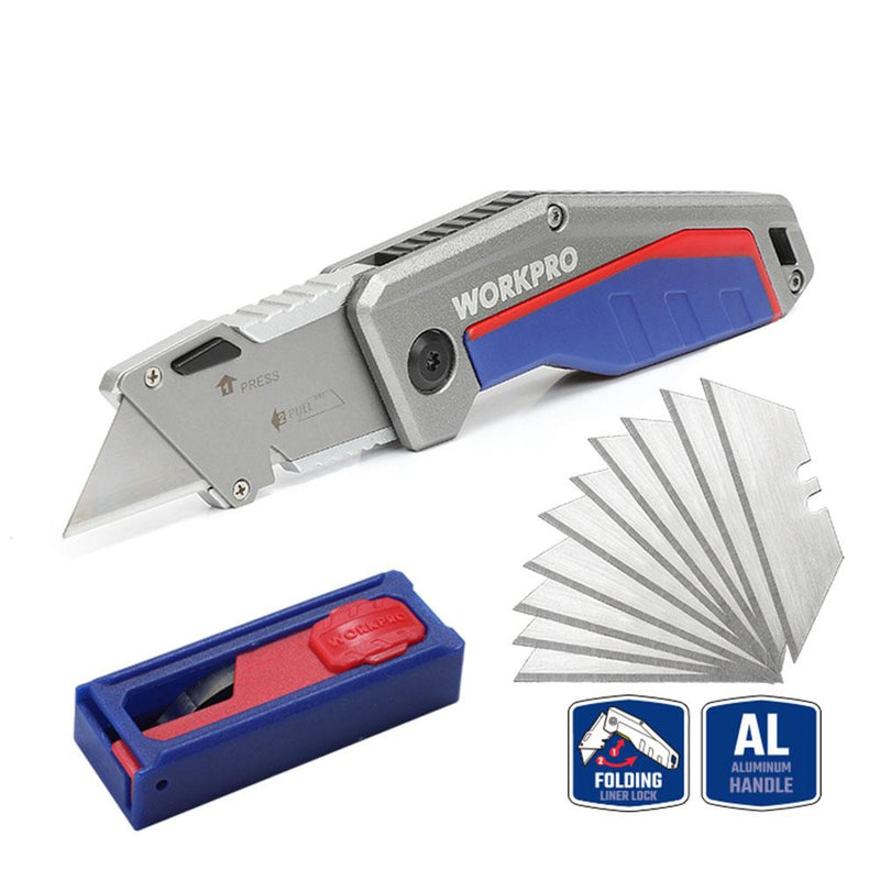 WORKPRO WP211012 Ağır Alüminium Bədən Qatlanan Toxunma Bıçağı + 10 Ehtiyat Bıçaq 
