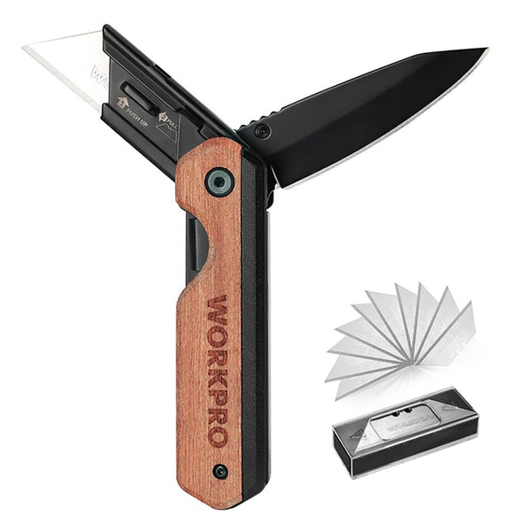 WORKPRO WP211015 2 - IN - 1 Ahşap Saplı Profesyonel Cep Çakısı & Katlanır Rötuş Maket Bıçağı + 11 Adet Yedek Bıçak - Onivias