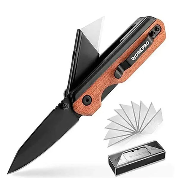 WORKPRO WP211015 2 - IN - 1 Ahşap Saplı Profesyonel Cep Çakısı & Katlanır Rötuş Maket Bıçağı + 11 Adet Yedek Bıçak - Onivias