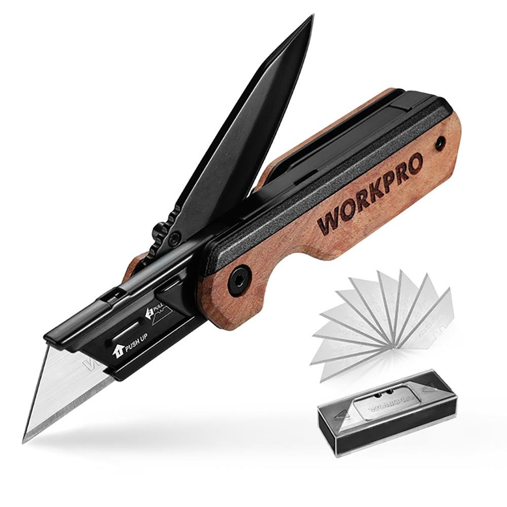 WORKPRO WP211015 2 - IN - 1 Ahşap Saplı Profesyonel Cep Çakısı & Katlanır Rötuş Maket Bıçağı + 11 Adet Yedek Bıçak - Onivias