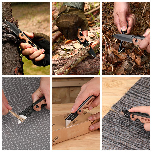 WORKPRO WP211015 2 - IN - 1 Ahşap Saplı Profesyonel Cep Çakısı & Katlanır Rötuş Maket Bıçağı + 11 Adet Yedek Bıçak - Onivias