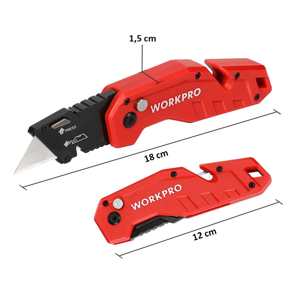 WORKPRO WP211018 Profesyonel Katlanır Çok Amaçlı Rötuş Maket Bıçağı + 10 Adet Yedek Bıçak - Onivias