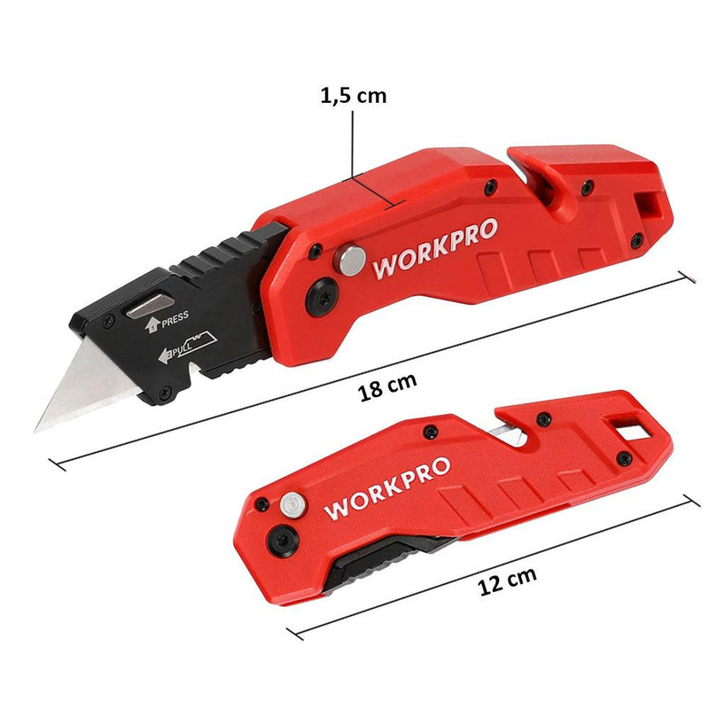 WORKPRO WP211018 Professional Qatlanan Çox Məqsədli Rötuş Bıçağı + 10 Ehtiyat Bıçaq