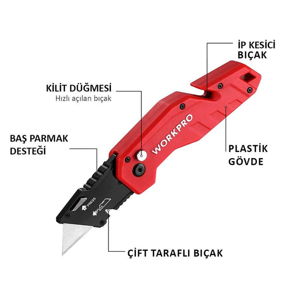 WORKPRO WP211018 Profesyonel Katlanır Çok Amaçlı Rötuş Maket Bıçağı + 10 Adet Yedek Bıçak - Onivias