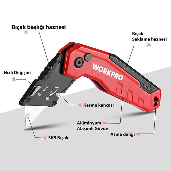 WORKPRO WP211026 Katlanır Çok Amaçlı Profesyonel Rötuş Maket Bıçağı + 14 Adet Yedek Bıçak - Onivias