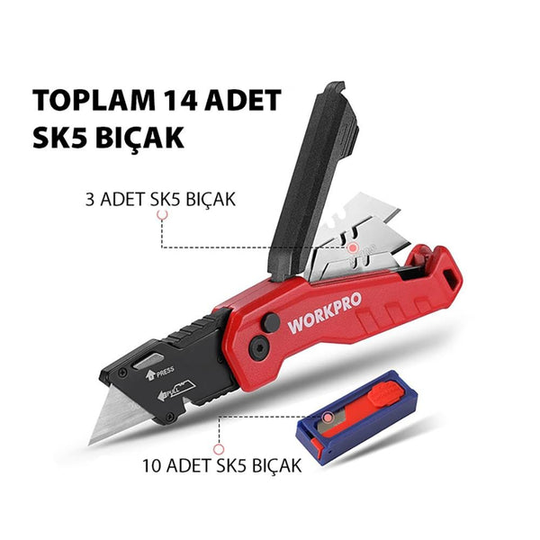 WORKPRO WP211026 Katlanır Çok Amaçlı Profesyonel Rötuş Maket Bıçağı + 14 Adet Yedek Bıçak - Onivias