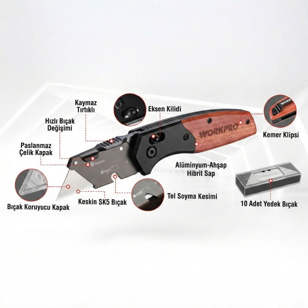 WORKPRO WP211035 Ağır Hizmet Çelik/Ahşap Gövde Katlanır Rötuş Maket Bıçağı + 11 Adet Yedek Bıçak - Onivias
