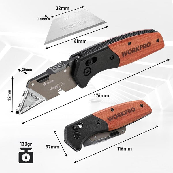 WORKPRO WP211035 Ağır Hizmet Çelik/Ahşap Gövde Katlanır Rötuş Maket Bıçağı + 11 Adet Yedek Bıçak - Onivias