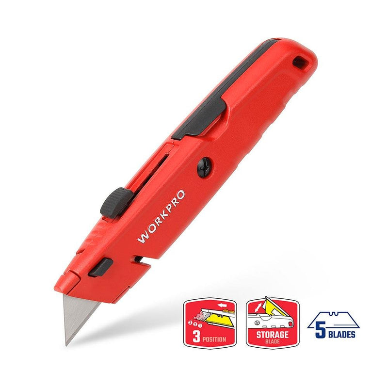 WORKPRO WP213009 Ağır Alüminium Gövdəli Çıxarılan Toxunma Bıçağı + 5 Ehtiyat Bıçaq