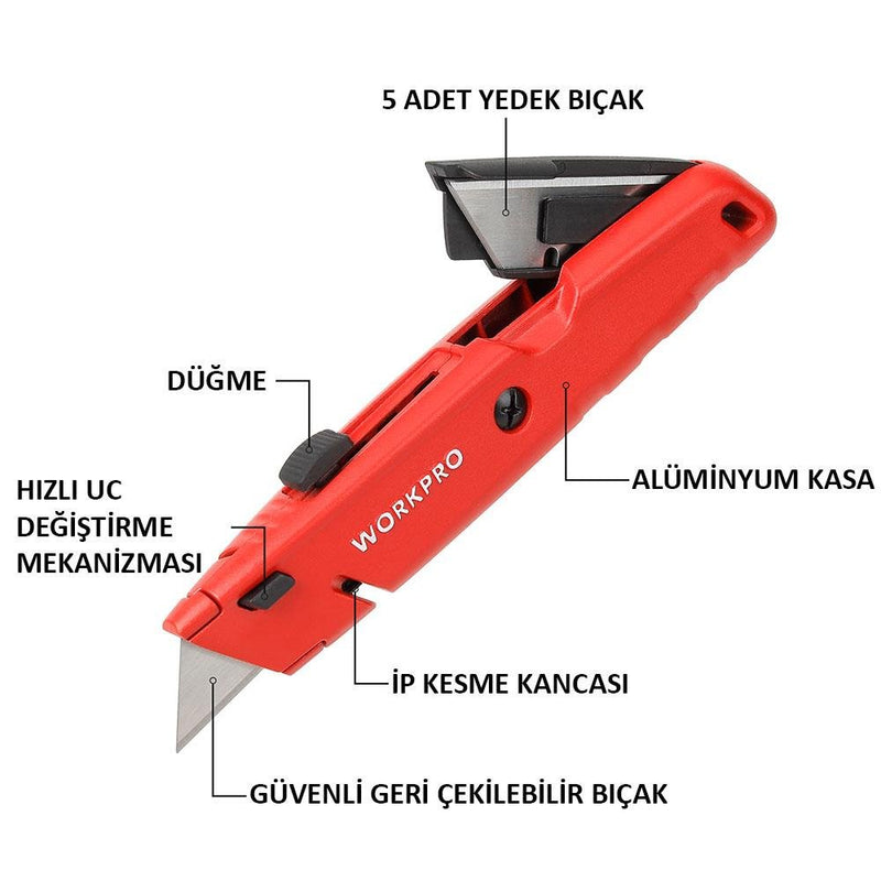 WORKPRO WP213009 Ağır Alüminium Gövdəli Çıxarılan Toxunma Bıçağı + 5 Ehtiyat Bıçaq