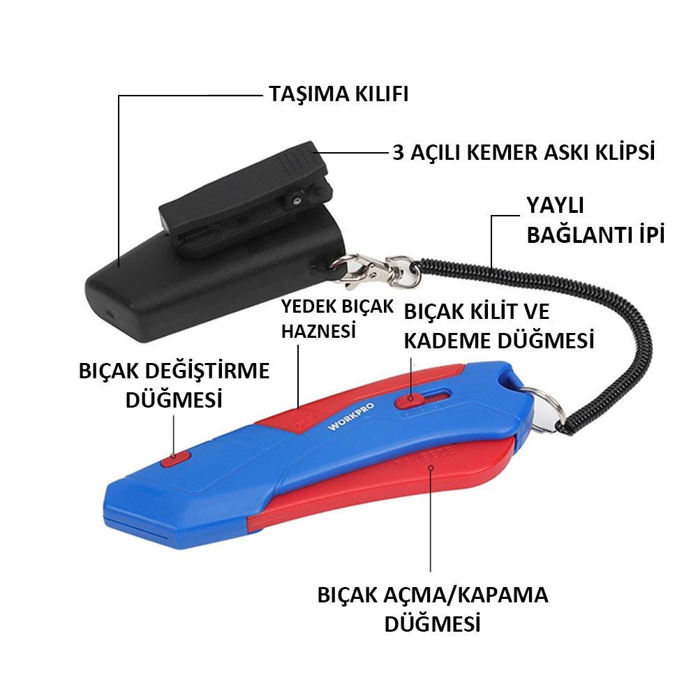 WORKPRO WP213010 Kemer Askı Kancalı Otomatik Geri Çekilebilir Mandallı Rötuş Maket Bıçağı + 3 Adet Yedek Bıçak - Onivias