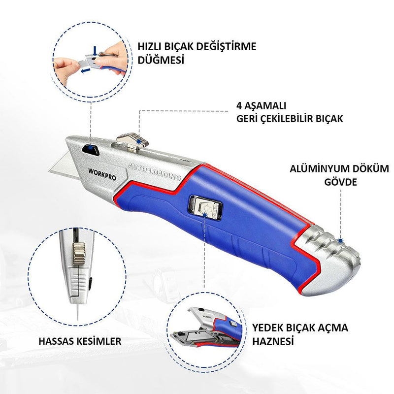 WORKPRO WP213012 Ağır Alüminium Gövdəli Çıxarılan Toxunma Bıçağı + 4 Ehtiyat Bıçaq 