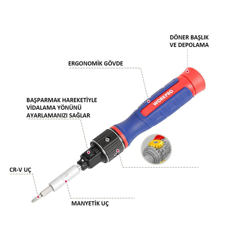 WORKPRO WP221070 9-IN-1 Professional CR-V Ratchet Maqnit Həssas Tornavida Dəsti 
