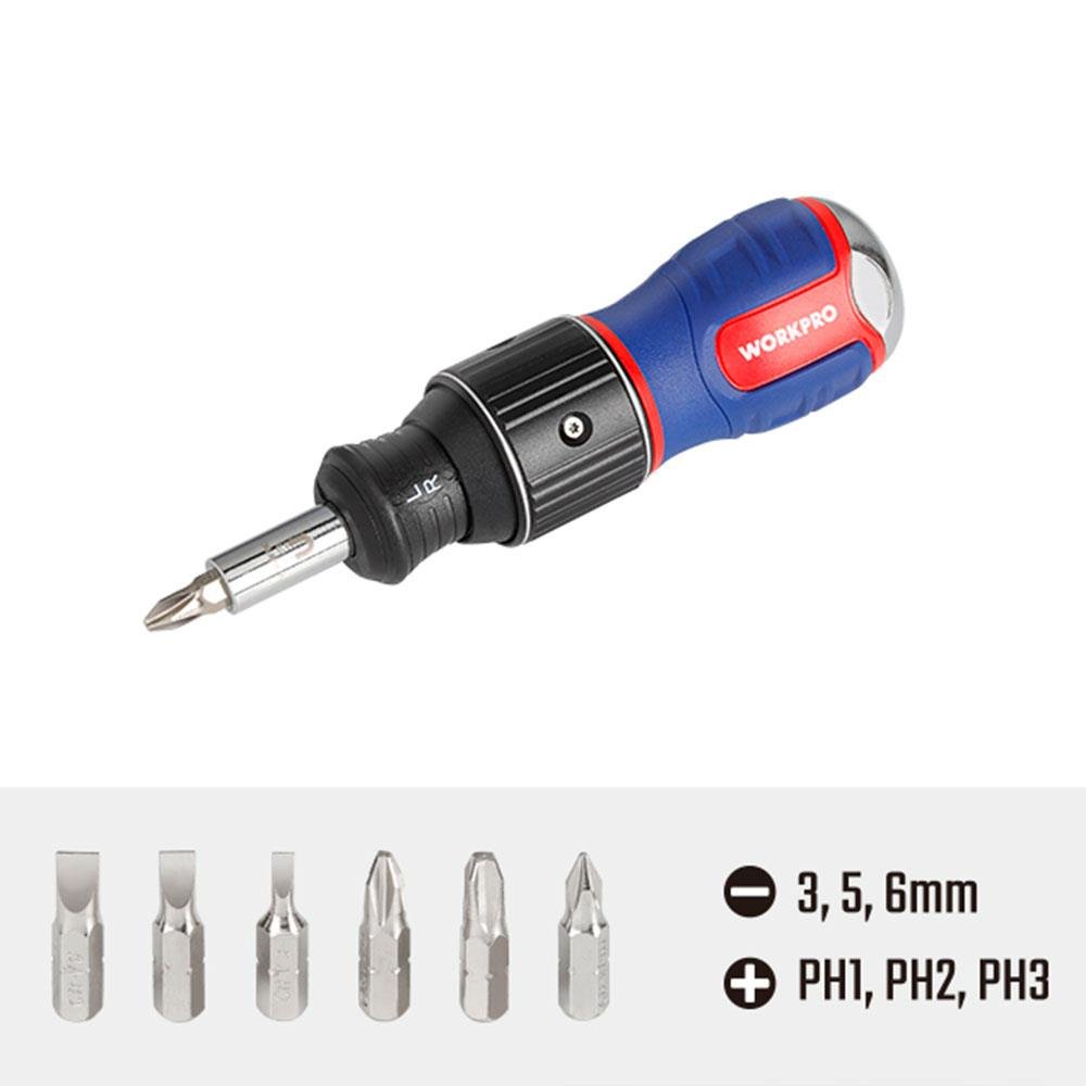 WORKPRO WP221071 6 - IN - 1 Profesyonel CR - V Cırcırlı Manyetik Topaç Tornavida Seti - Onivias