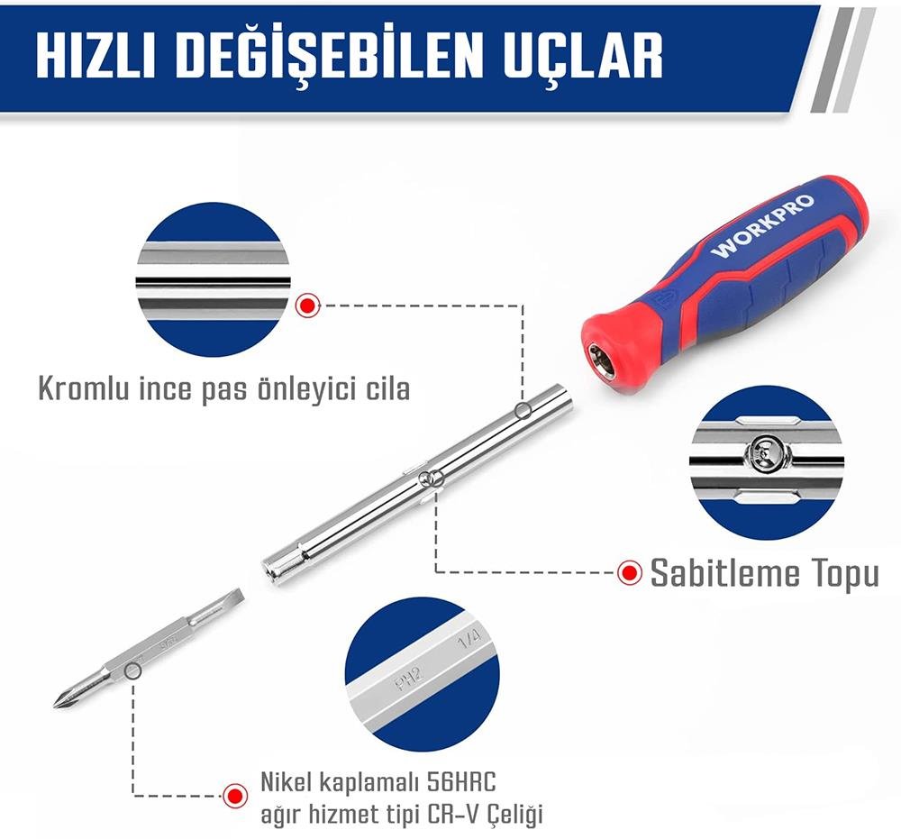 WORKPRO WP221306 15 - IN - 1 Çok Fonksiyonlu Değişken Uçlu Profesyonel Tornavida Seti + Bel Askı Kılıfı - Onivias