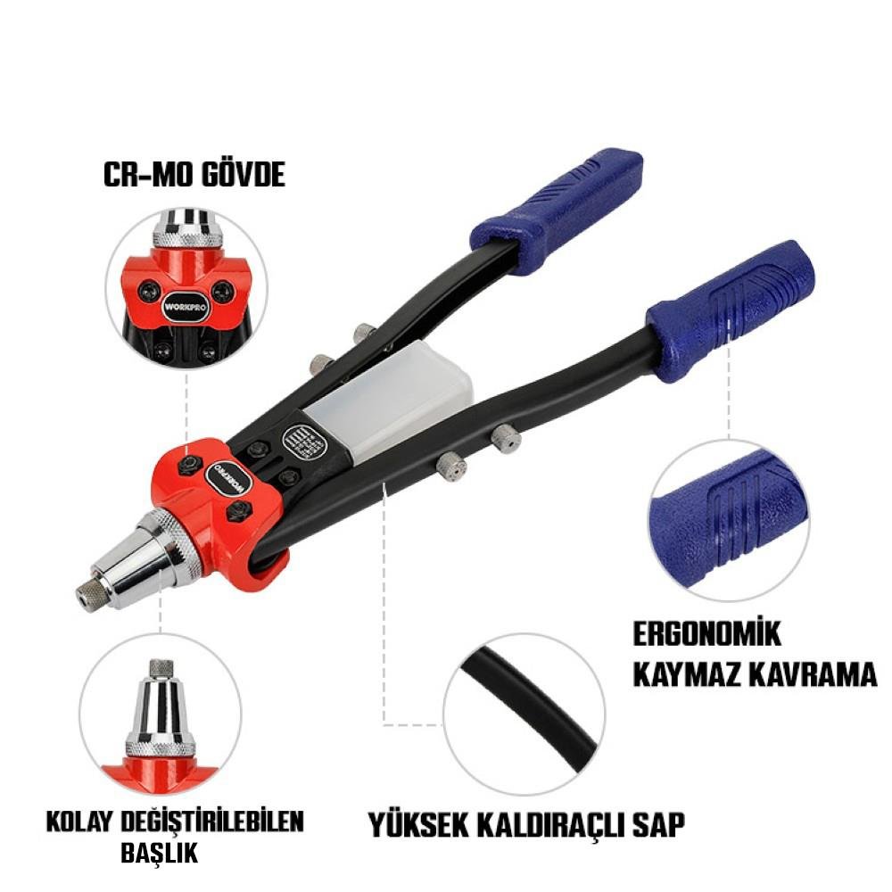 WORKPRO WP225001 5 IN 1 400mm Kollu Profesyonel Perçin Tabancası + 100 Adet Perçin - Onivias
