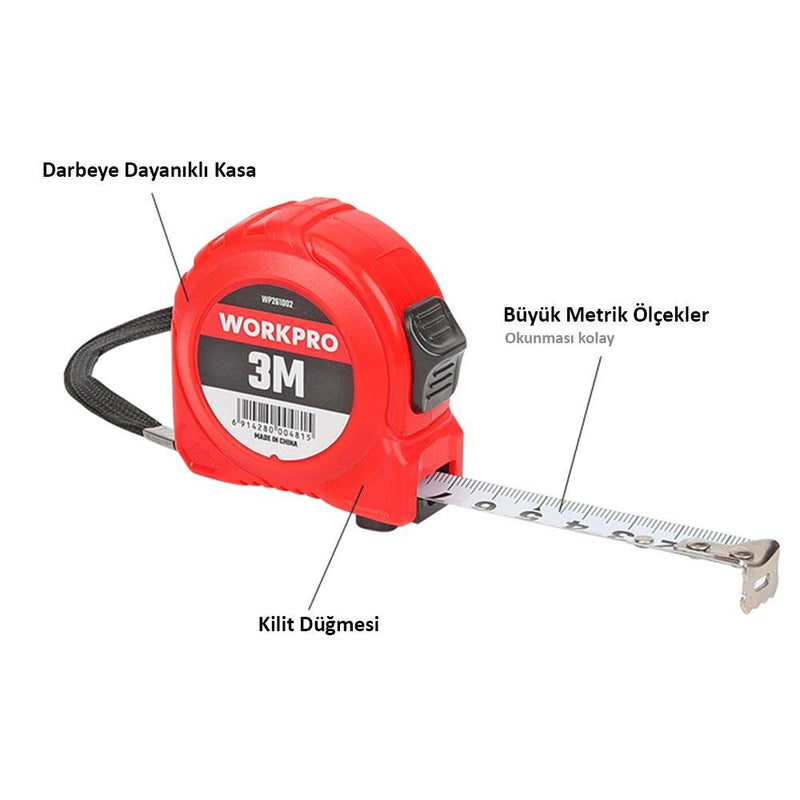 WORKPRO WP261002 3Mx16mm Ağ Polad lent ölçüsü 