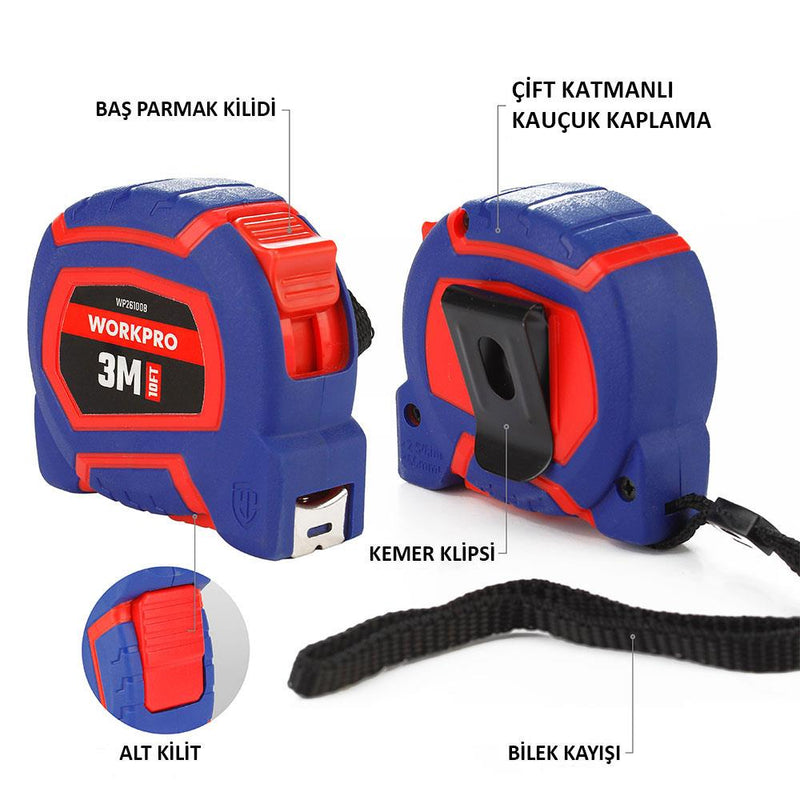 WORKPRO WP261008 3Mx16mm/10Ft. Neylon örtüklü sarı polad lent ölçüsü