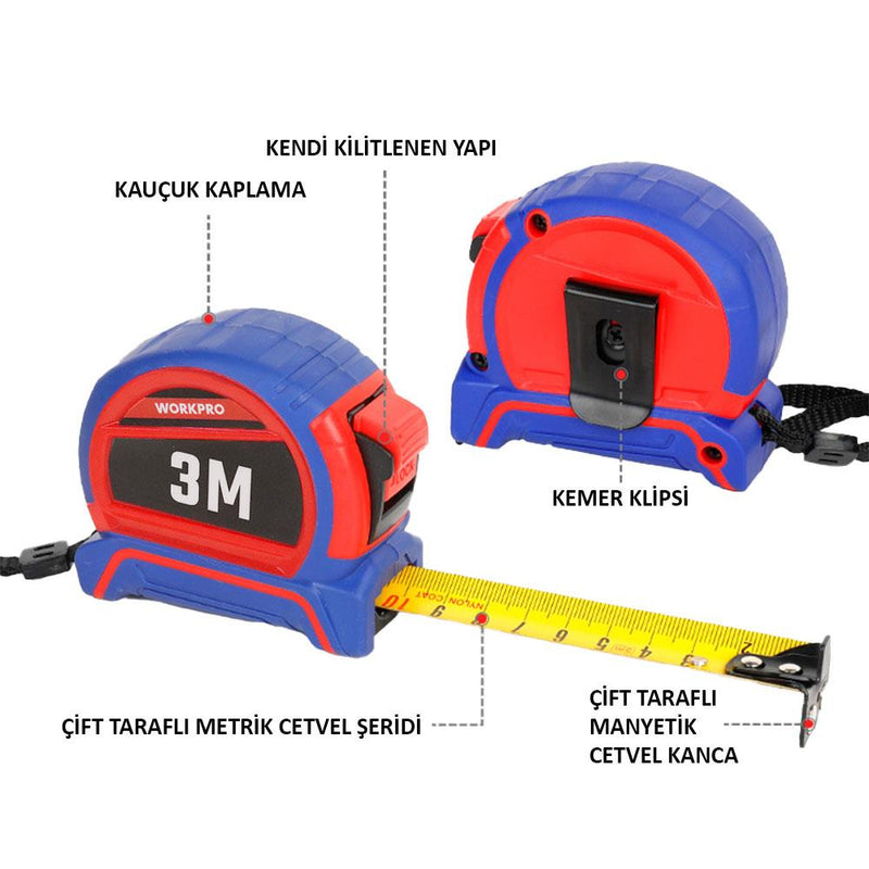 WORKPRO WP261040 3Mx16mm Neylon örtüklü sarı ikitərəfli maqnit polad lent ölçüsü