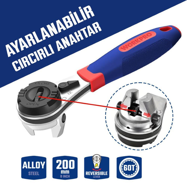 WORKPRO WP272063 7 - 22mm CR - V Profesyonel Ayarlanabilir 200mm Cırcır Anahtar - Onivias