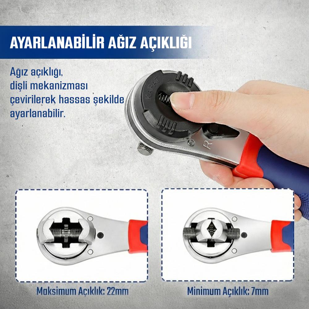 WORKPRO WP272063 7 - 22mm CR - V Profesyonel Ayarlanabilir 200mm Cırcır Anahtar - Onivias