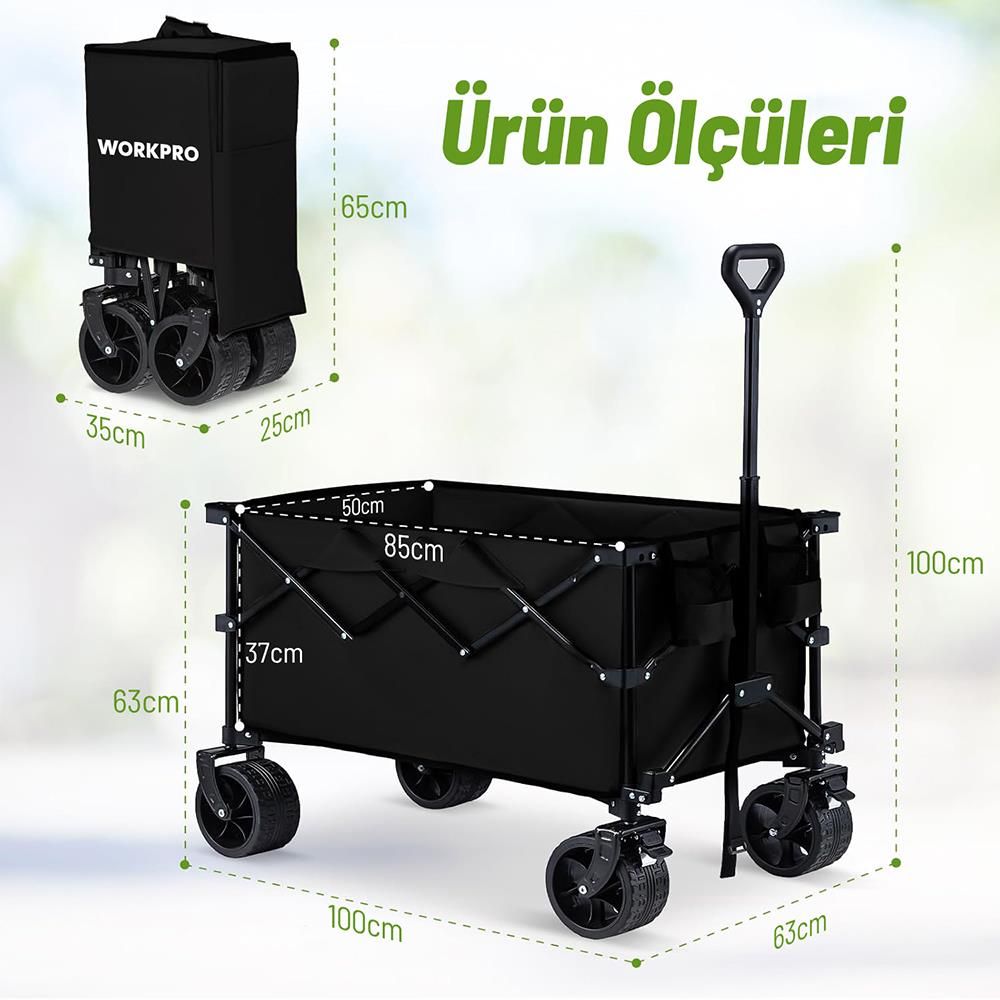 WORKPRO WP285016 100Kg 4 Tekerli Katlanabilir Ağır Hizmet Taşıma Arabası / Plaj Arabası - Onivias