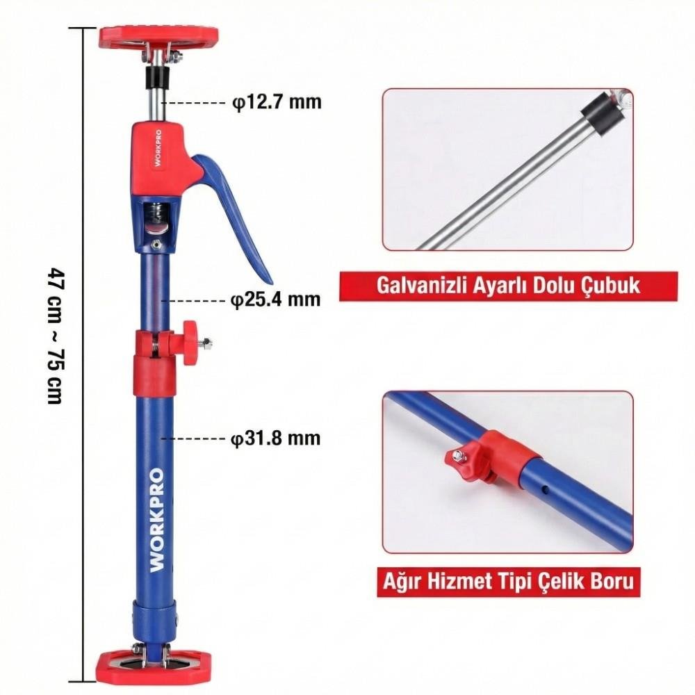 WORKPRO WP289036 47 - 75cm 70Kg Teleskobik Mandallı Ayarlanabilir 2’Li Çelik Destek Direği + Taşıma Çantası - Onivias