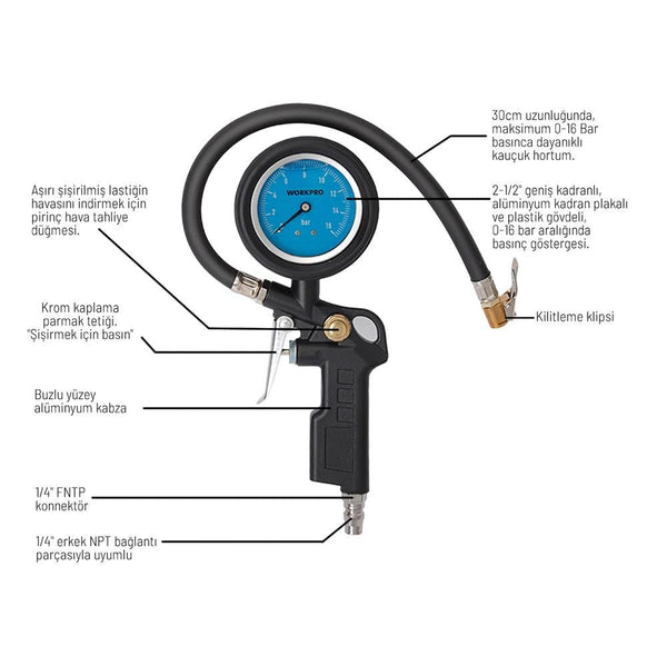 WORKPRO WP314063 16Bar Yağlı Basınç Göstergeli Profesyonel Havalı Lastik Şişirme Tabancası - Onivias