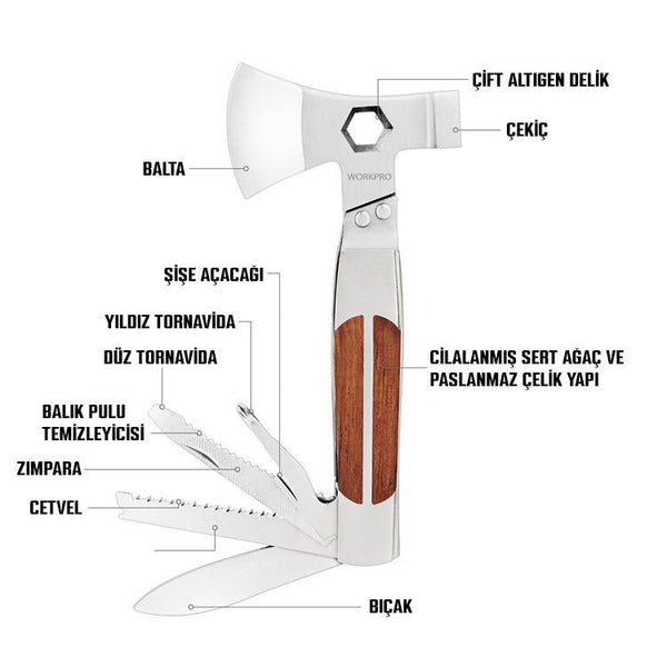 WORKPRO WP383001 12 IN 1 Çok Fonksiyonlu Profesyonel Mini Balta/Çekiç Alet Seti + Taşıma Kılıfı - Onivias