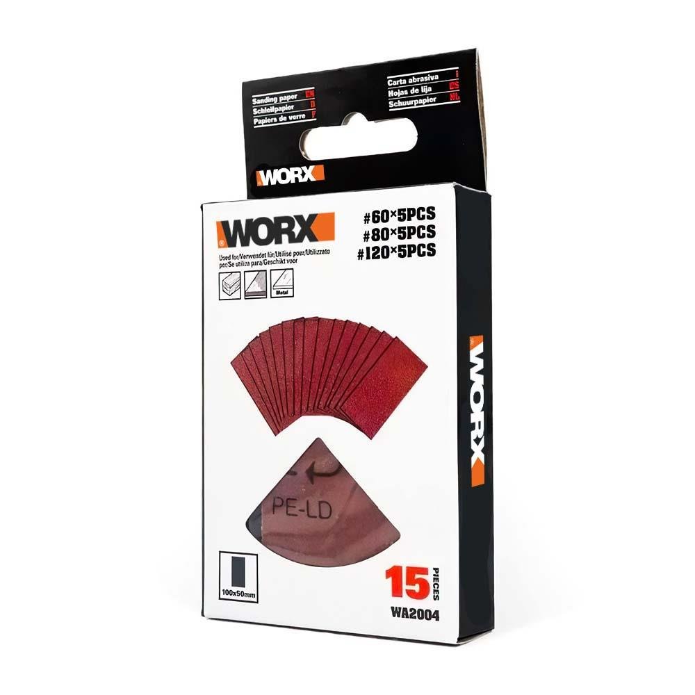 WORX WA2004 100x50mm 60, 80, 120 Kum, 15 Adet Cırtlı Universal Zımpara Kâğıdı Seti - Onivias