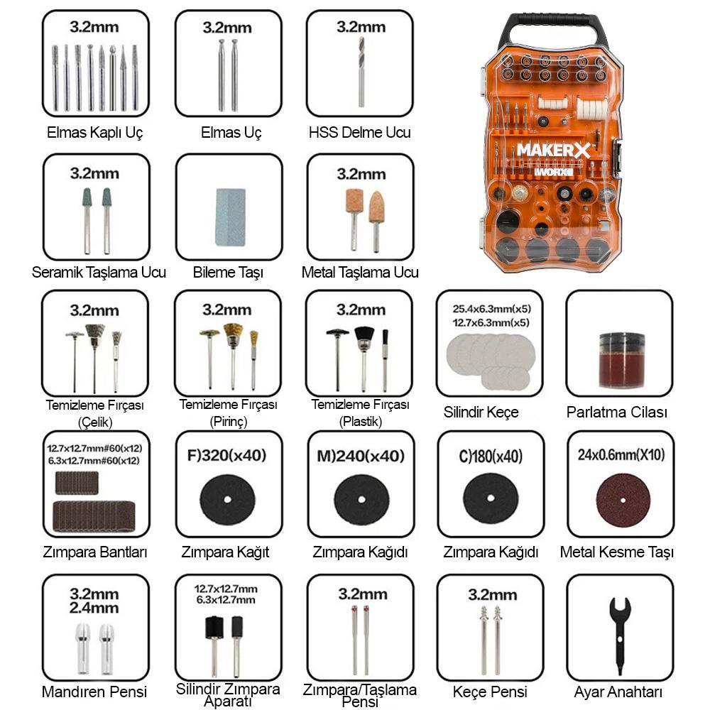WORX WA7208 201 Parça Universal Gravür Hobi Aksesuar Seti - Onivias