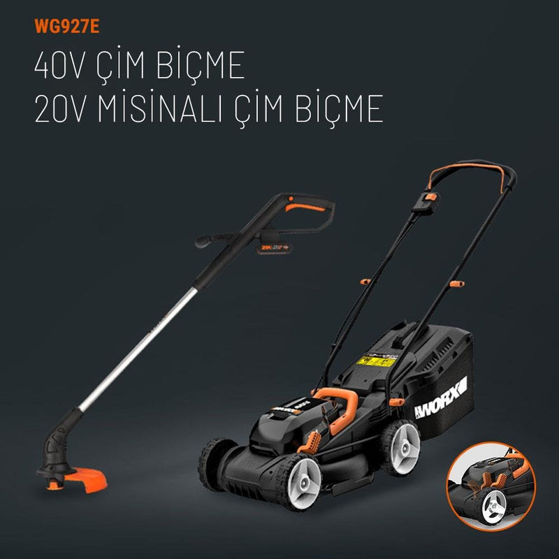 WORX WG927E 40Volt 2.0Ah. Li-ion 34 sm Peşəkar Doldurulan Çəmən Biçən + WG157E.9 20Volt Ot və Kenar Kəsicisi 